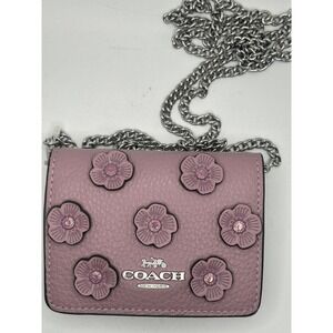 Coach Small Wallet Chain Tea Rose Floral Applique Gemstones Crossbody Bag#408